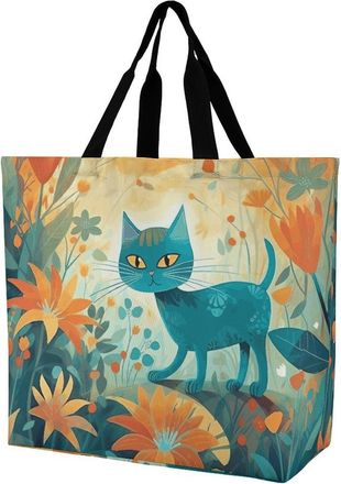 Generic Cat And Flower Shoulder Bag Foldable Handbag Reusable Handbags For Work Beach College