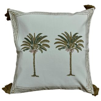 Les-Ottomans Green Palm Printed Cotton Cushion+ Filling