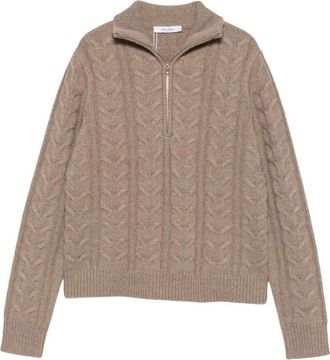 Max Mara Libero Trui met Kabelsteek en Kwart-Ritssluiting - Dames - Ronde hals truien - Bruin - L - Kasjmier - Truien & Vesten