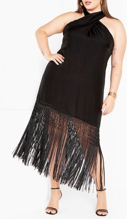 City Chic Calypso Fringe Maxi Dress in Black at Nordstrom, Size Xs