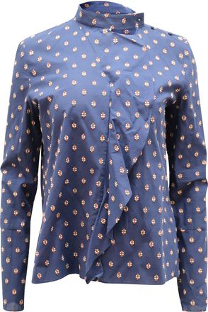 Derek Lam Blouse with Cascading Ruffles in Navy Blue Cotton