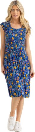 Klass Garden Print Pleated Dress - Blue/Orange - M