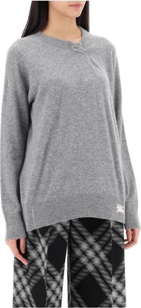 Burberry Oversized kasjmier pullover met metalen kiltspeld detail - Dames - Cashmere truien - Grijs - M - Kasjmier - Truien & Vesten