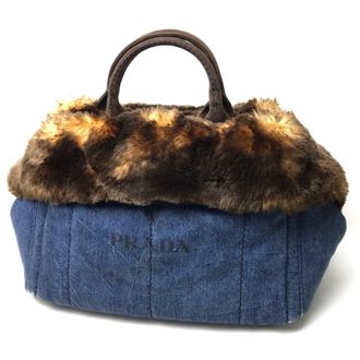 Prada Canapa Blue Brown Canapa Suede Faux Fur Handbag Tote Bag (Pre-Owned)