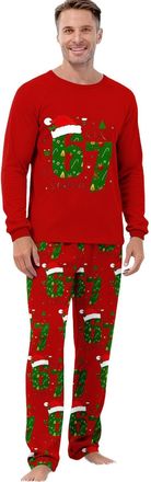 Generic 67 Meme Pyjamas Set Mens Women Sleepwear Six Seven Number 6 7 Christmas Long Sleeve Pjs Tops and Pants 2 Piece Sleepwear Outfit for Adults (Red, S)
