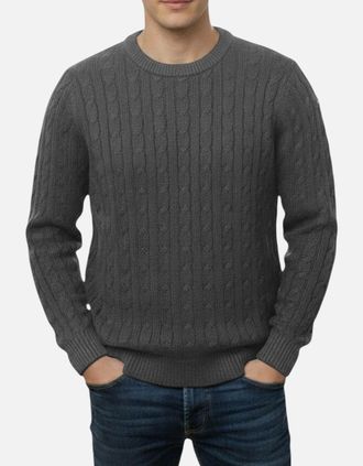 Firetrap Mens Mens Cable Knit Sweatshirt Chunky Crew Neck Pullover Cotton Winter Warm Jumper - Grey - Size: 38