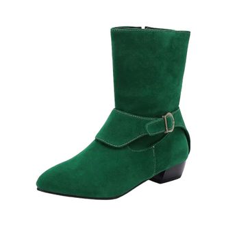 Generic Womens Leisure Mid Calf Boots Pointed Toe Low Block Heel Slip On With Platform And Decorative Belt Buckle