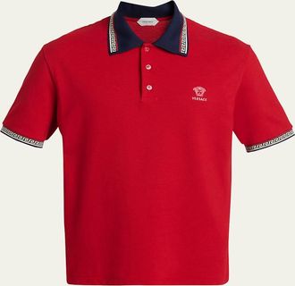 Versace Mens Greca-Trim Cotton Pique Medusa Polo Shirt