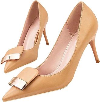 Generic Womens Soft Leather High Heel Pumps Pointed Toe Buckle Strap Office Work Dress Shoes Brown