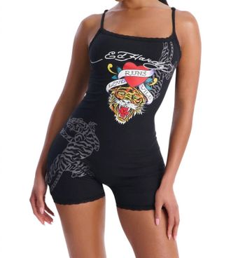Ed Hardy Tiger Head Lace Sleep Romper In Black