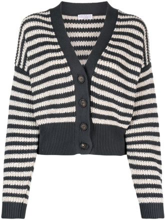 Brunello Cucinelli striped V-neck cardigan - women - Cotton - S - Grey