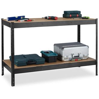 Relaxdays Relaxdays Mesa De Trabajo, 600 Kg, Banco Taller, 91 X 141 X 61 Cm, 2 Niveles Regulables, Estante De Acero Y Mdf, Negro