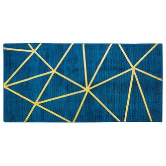 Beliani Beliani - Alfombra Azul Con Estampado Geom&eacute;trico Dorado De Viscosa Con Algod&oacute;n 80 X 150 Cm Tejida A Mano Estilo Moderno Glam Havza