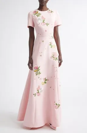 Carolina Herrera Floral Embroidered Crepe Gown in Rosewater at Nordstrom, Size 10
