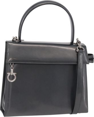 Ferragamo Gancini Leather Gray Patent_Leather Handbag (Pre-Owned)