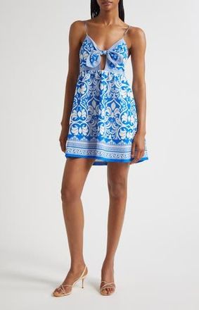 Alice & Olivia Melvina Bow Detail Mixed Print Linen Blend Minidress in Soiree Trueblue at Nordstrom Rack, Size 10