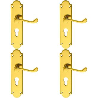 Loops 4x PAIR Victorian Scroll Lever on Euro Lock Backplate 205 x 49mm Polished Brass in Metallics