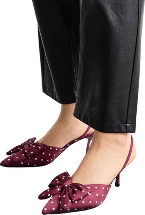 Misspap Red Satin Polka Dot Bow Detail Slingback Stiletto Heel Court Shoes, 4, Red