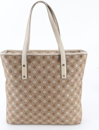 Ferragamo Beige Leather Canvas Handbag Shoulder Bag Tote Bag (Pre-Owned)