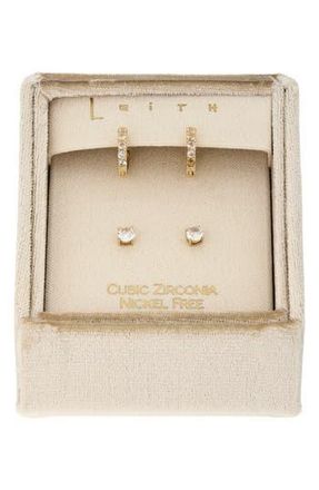Leith Set of 2 Cubic Zirconia Stud & Huggie Hoop Earrings in Clear- Gold at Nordstrom Rack