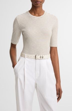 Vince Stripe Elbow Sleeve Cotton Blend Knit Top in Tapenade Combo at Nordstrom, Size Xx-Small