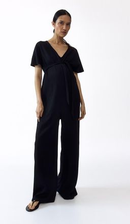 H&M Mama Short-sleeved Tie-belt Jumpsuit in Black at Nordstrom, Size Xx-Large