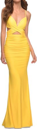 La Femme Long Jersey Gown with Front and Side Cutouts in Yellow at Nordstrom, Size 00