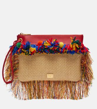 Dolce & Gabbana Fringed woven leather-trimmed pouch