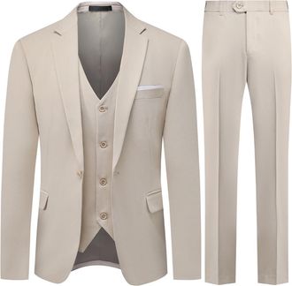 AlltheMen Mens 3 Piece Suit 1 Button Business Solid Color Stretch Tuxedo Blazer Waistcoat Trousers Beige XXL