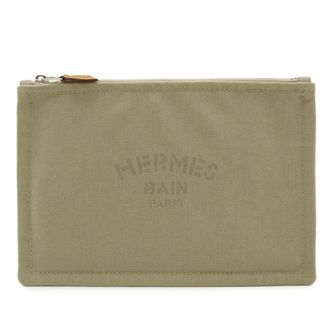 Herm&egrave;s Beige Sand Canvas Leather Pouch (Pre-Owned)
