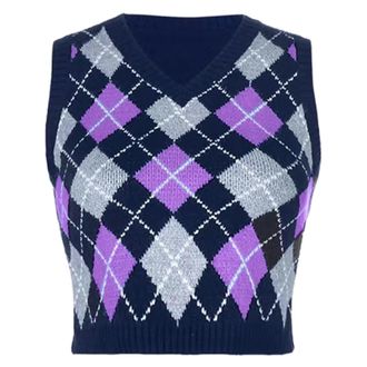 Generic Womens Argyle Knit Vest - Sleeveless V Neck Sweater Tank Top, Classic Checkered Pattern Pullover Waistcoat, Soft Stretchy Knitwear Ideal for School Un
