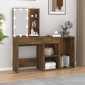 Berkfield Home LED Dressing Table with Cabinet Smoked Oak Engineered Wood in Brown
