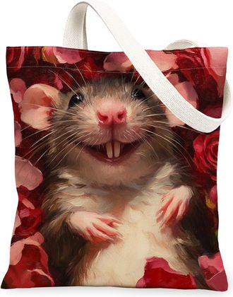 Generic Valentines Day Guinea Pig Canvas Tote Bag for Shopping 13x15, Fun Lover Rose Animal Reusable Grocery Print Bag for Women, Holiday Beach Aesthetic Pain