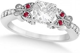Allurez Princess Diamond & Ruby Butterfly Engagement Ring 14k White Gold (1.50ct)