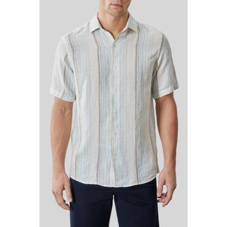 Robert Barakett Thayer Stripe Short Sleeve Linen Button-Up Shirt in Fresh Blue at Nordstrom, Size Xx-Large