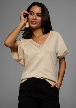 Laura Scott Kurzarmpullover LAURA SCOTT, Damen, Gr. 32/34, beige, Feinstrick, Obermaterial: 70% Viskose, 30% Polyamid, unifarben, figurumspielend h&uuml;ftlang, V-Auss