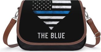 Generic Back The Blue Police Line Flag Heart Crossbody Bags for Women Shoulder Messenger Bag Purse Handbags