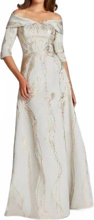 Teri Jon Folded Off Shoulder Jacquard Gown In Silver