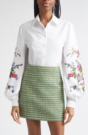 Carolina Herrera Embroidered Stretch Cotton Button-Up Shirt in White at Nordstrom, Size 12