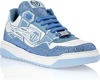 Philipp Plein Mix Leather Lo-Top Sneakers Strass Hexagon Men in White/lightblue at Nordstrom, Size 44