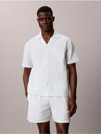 Calvin Klein Mens Seersucker Relaxed Sleep Button-Down Shirt - Blue - XL