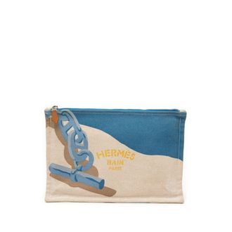 Herm&egrave;s Beige Blue Canvas Clutch Bag (Pre-Owned)