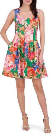 Vince Camuto Floral Pleated Scuba Knit Fit & Flare Dress in Green at Nordstrom Rack, Size 6