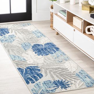 Jonathan Y Designs Monstera Tropical Leaf High-Low Indoor/Outdoor Light Gray/Navy Runner Rug