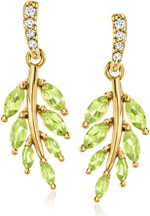 Ross-Simons Peridot Leaf Drop Earrings With Diamond Accents in 18kt Gold Over Sterling