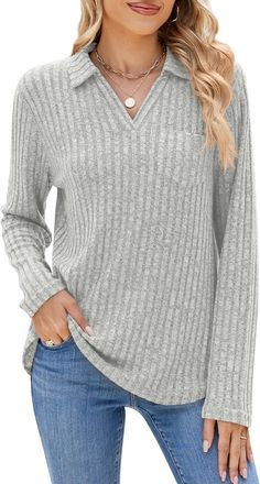 Feoya Womens Long Sleeve V-Neck Pullover Sweater, Grey XL