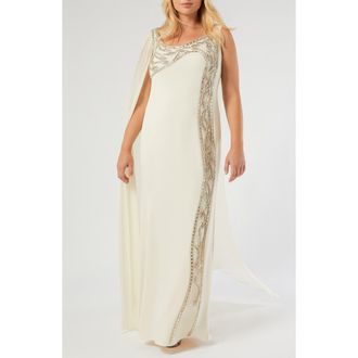 Marina Rinaldi Calisso Bead Detail Caped Gown in Light Yellow at Nordstrom, Size 18W