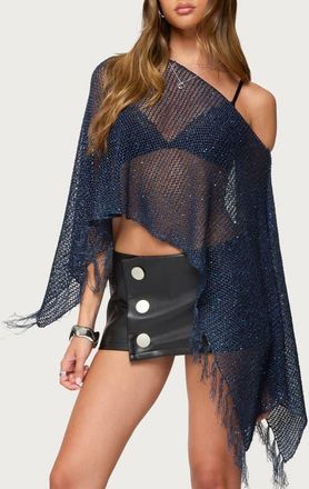 Edikted Sequin Fringe Knit Poncho in Navy at Nordstrom, Size X-Small