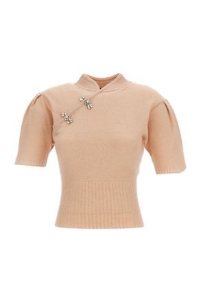 Simone Rocha Pink Mandarin Collar Puff Sleeve Cashmere Sweater