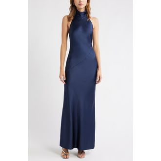 Open Edit Sleeveless Satin Halter Dress in Navy Iris at Nordstrom Rack, Size X-Large